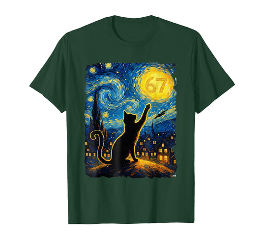 Funny Six Seven 6 7 Meme Starry Night Van Gogh Black Cat T-Shirt