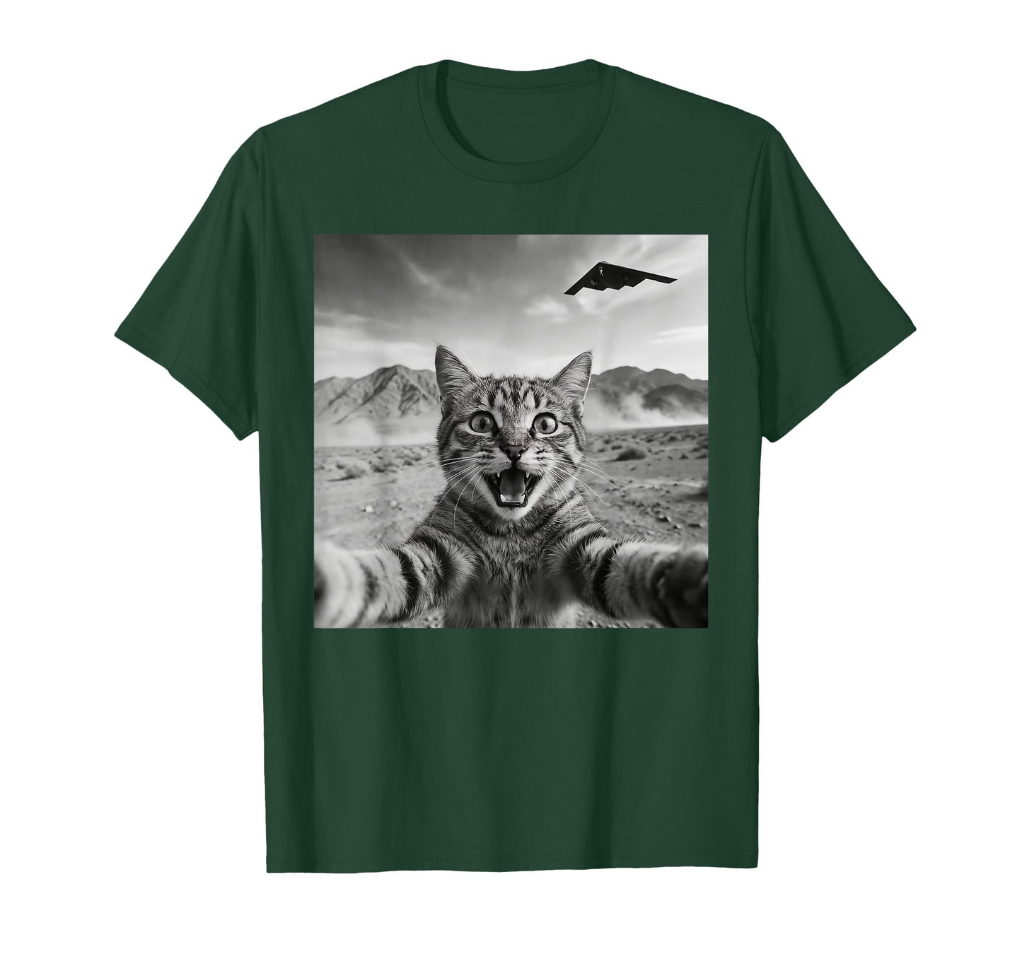 B-2 Bomber Stealth Flyover USA UFO Aircraft Funny Cat Selfie T-Shirt