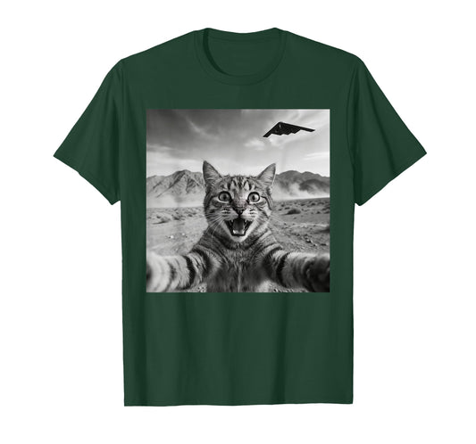 B-2 Bomber Stealth Flyover USA UFO Aircraft Funny Cat Selfie T-Shirt