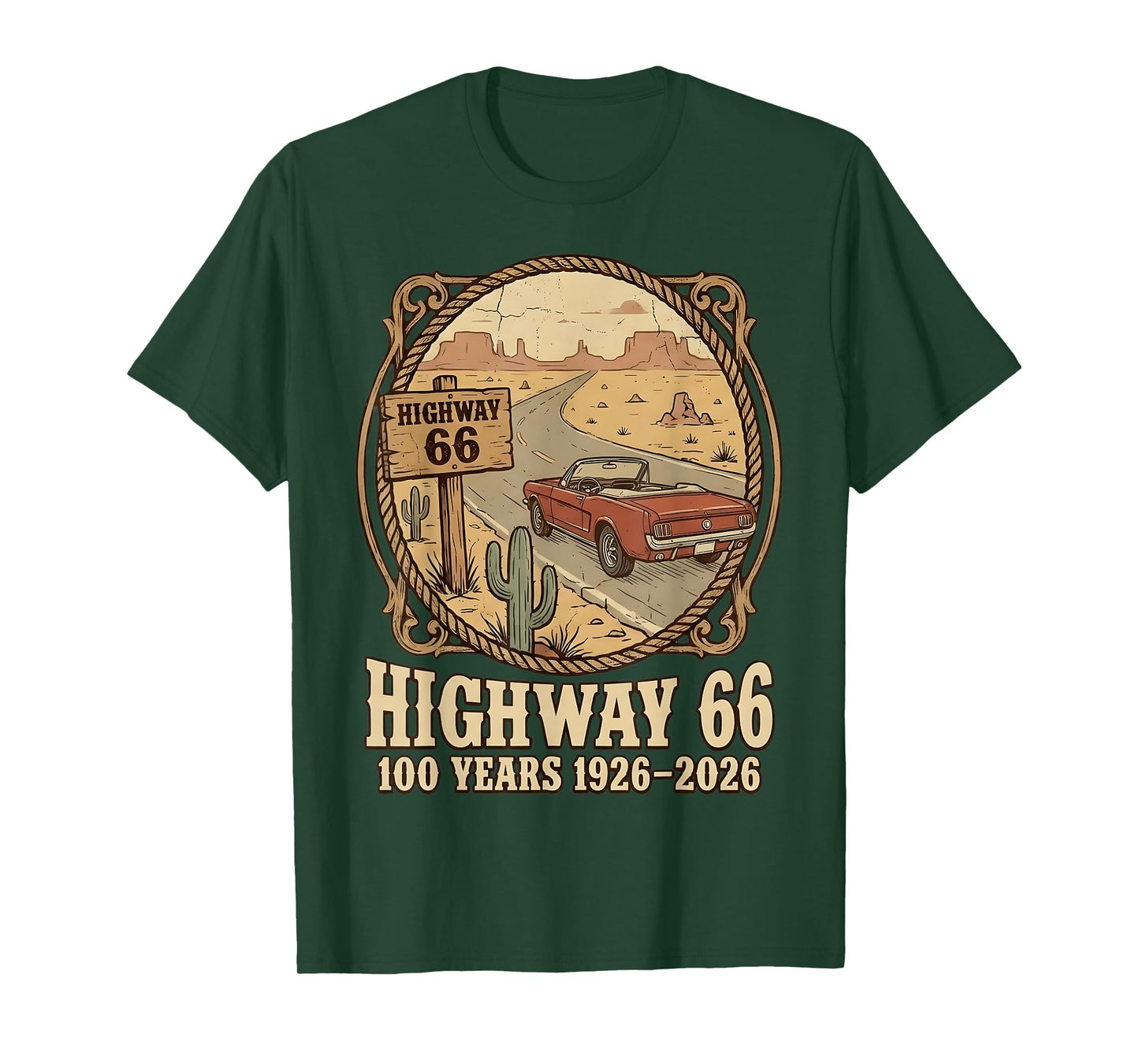 Highway 66 100 Years 1926-2026 Classic Car Lover Anniversary T-Shirt