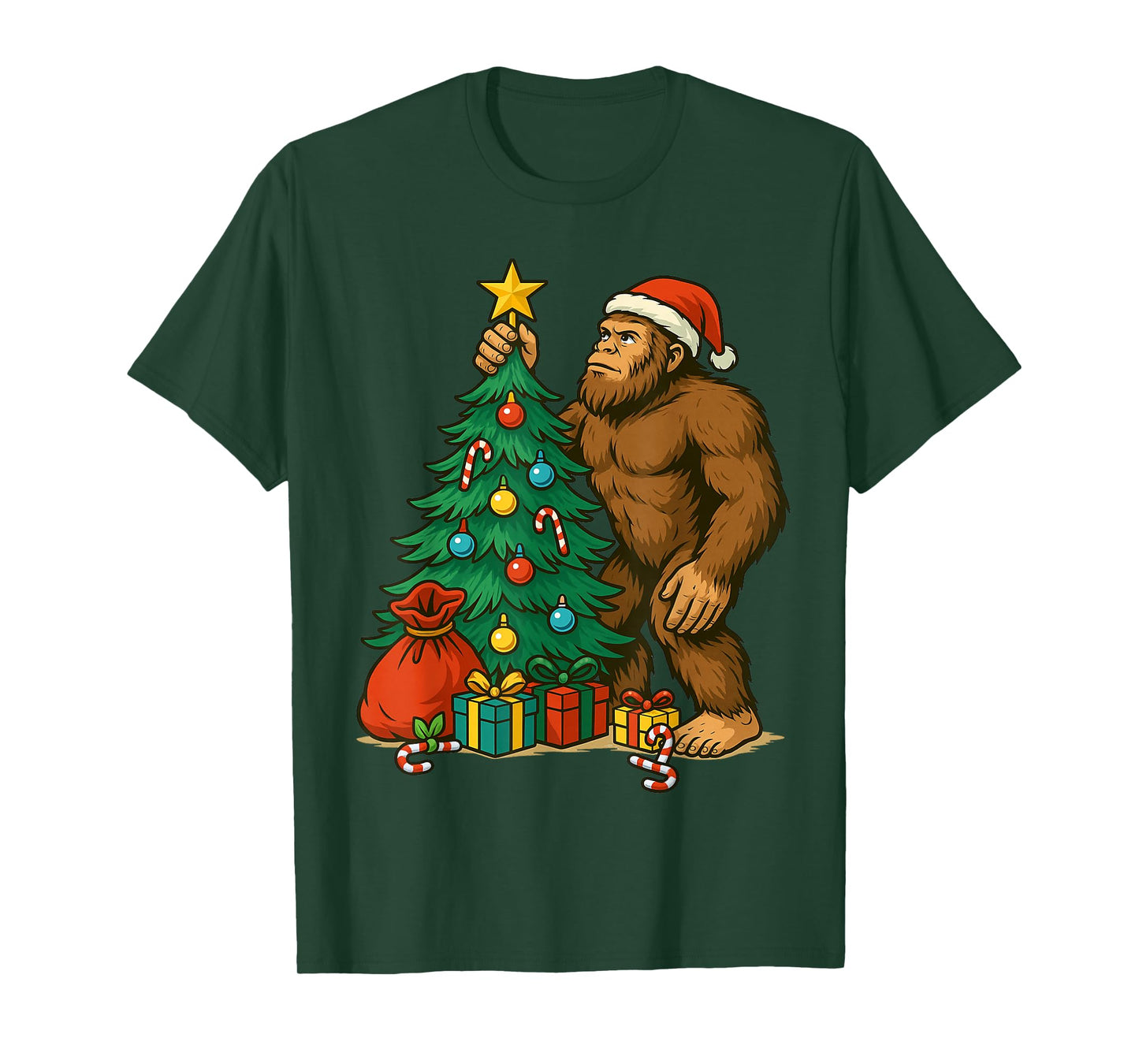 Santa Bigfoot Christmas Tree Lights Xmas Boys Men Sasquatch T-Shirt