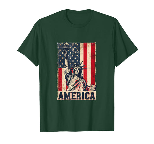 America Flag with Statue of Liberty Vintage Art T-Shirt