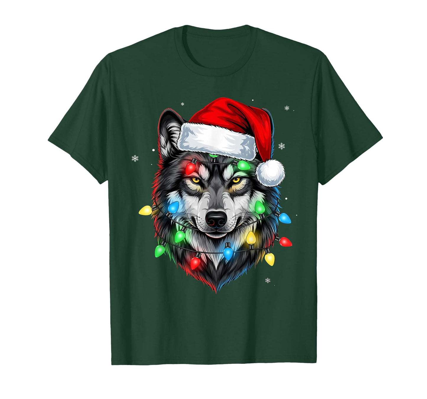 Christmas Lights Wolf Santa Hat Cute Xmas Pajamas T-Shirt