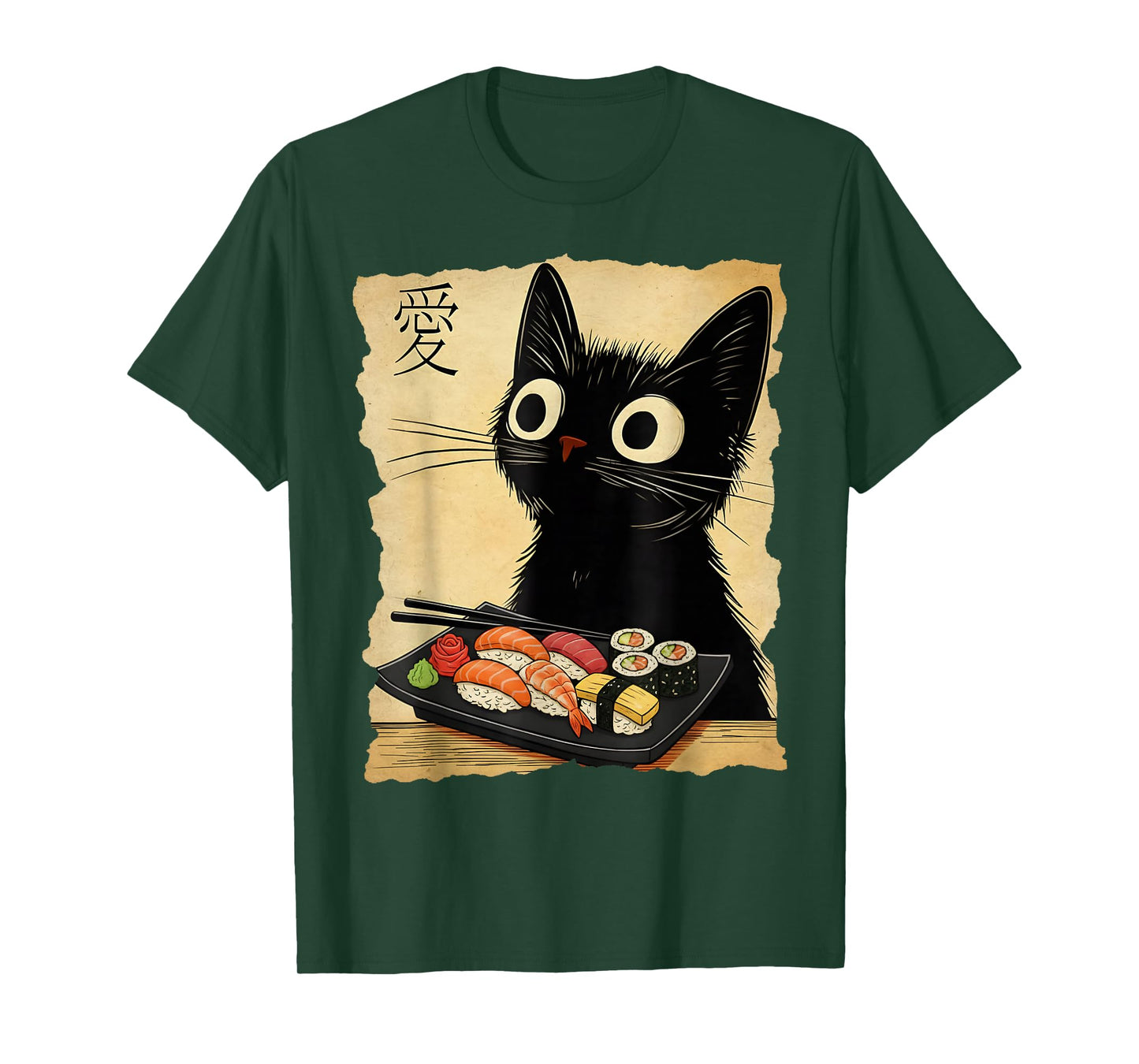Retro Japanese Cat Sushi Cute Black Funny Kawaii Cat Anime T-Shirt