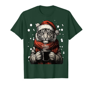 Christmas Tiger with Santa Hat Coffee Lover Funny Winter T-Shirt