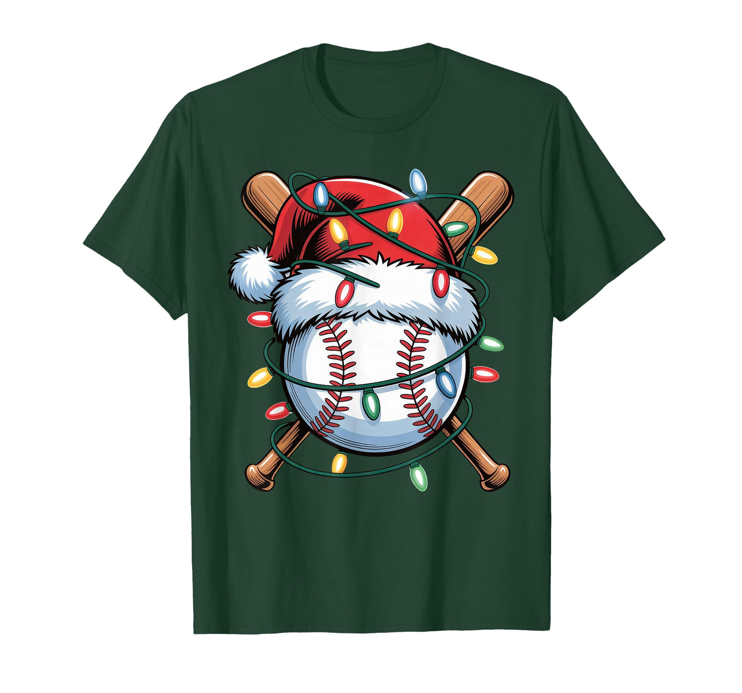 Baseball Christmas Lights Men Boys Youth Santa Sports T-Shirt