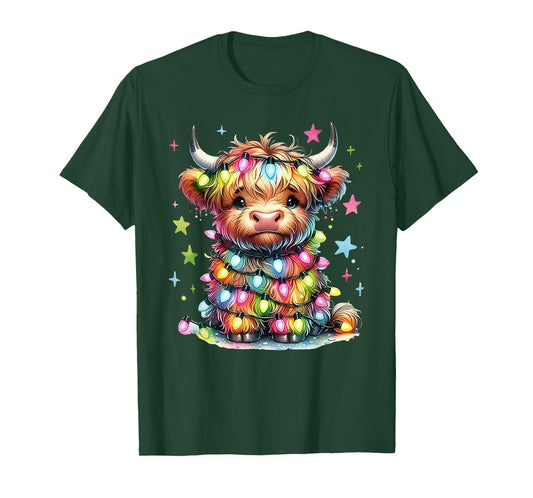 Merry and Bright Highland Cow Christmas Light Cow Lovers T-Shirt