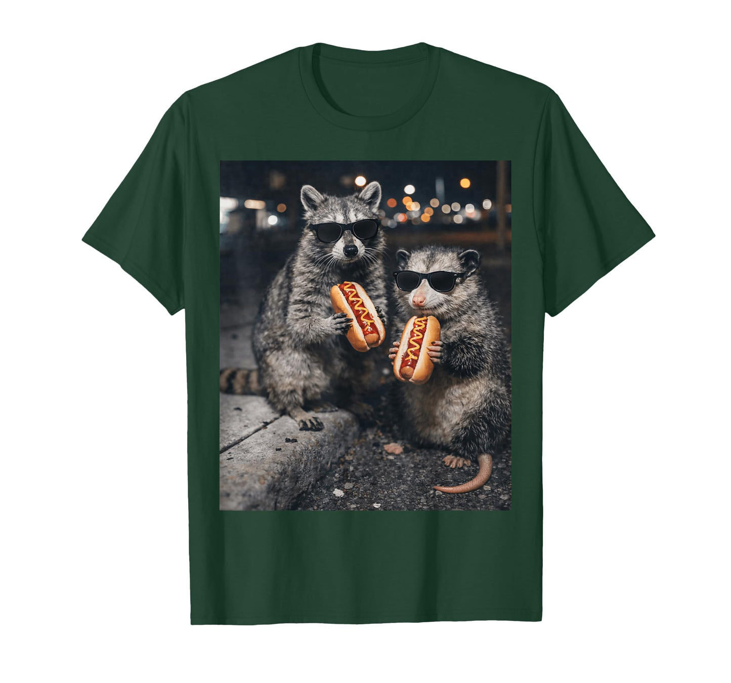 Funny Raccoon and Opossum Eating Hotdogs. Raccoon Lover T-Shirt