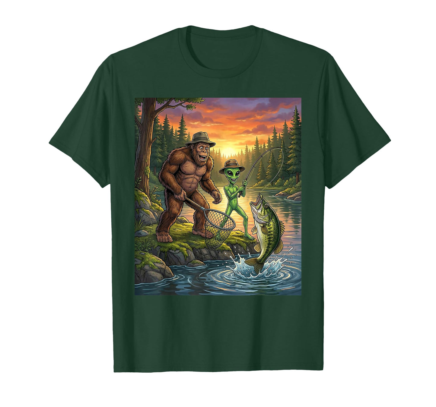 Funny Bigfoot Fishing Mens Alien Sasquatch Fishing Boys T-Shirt
