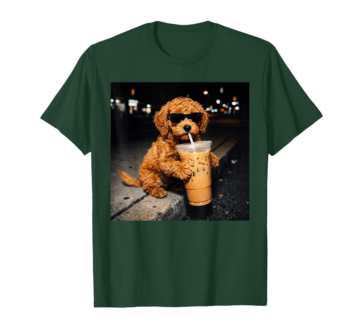 Funny Goldendoodle Drinking Iced Coffee Animal Meme Humor T-Shirt