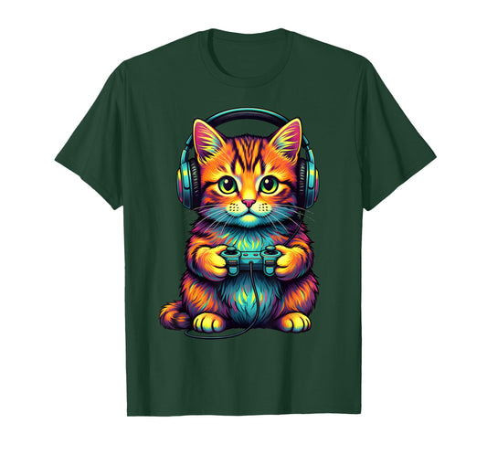 Vintage Kitten Cat Playing Video Games Funny Cat Gaming T-Shirt