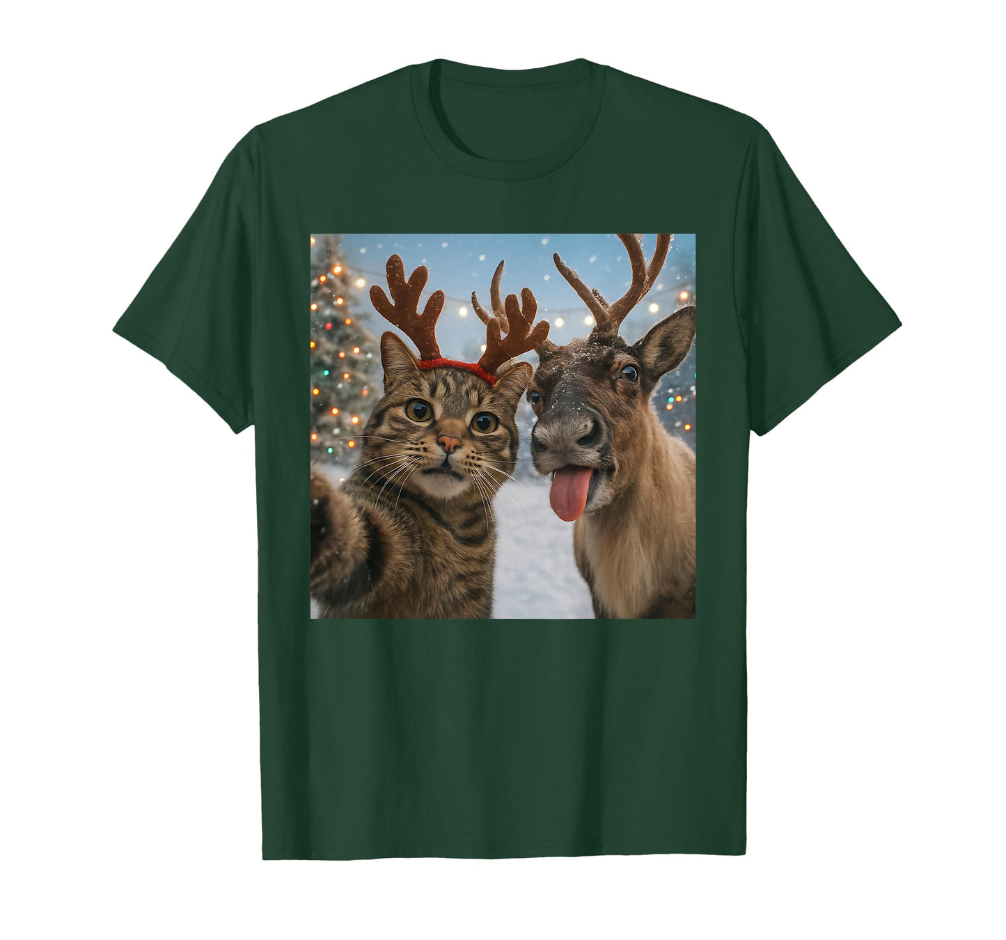 Funny Cat Selfie with Reindeer Christmas Holiday Meme T-Shirt