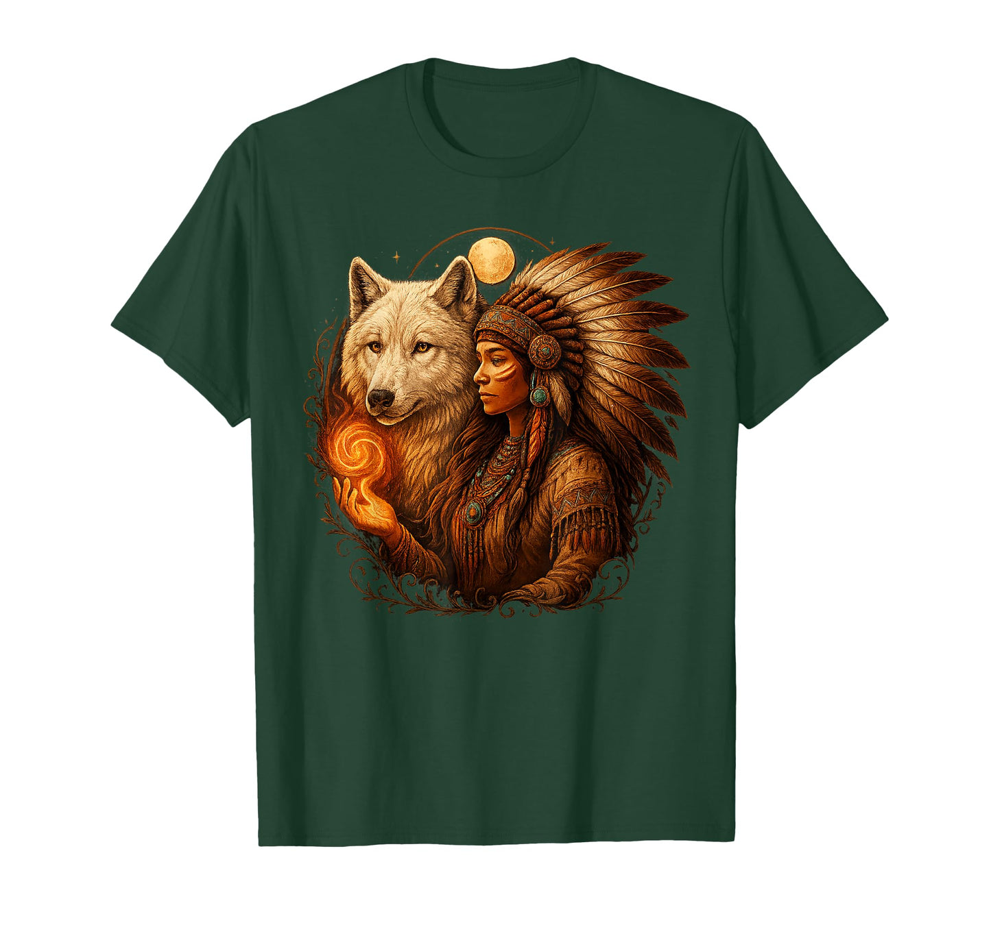Indian Native American Woman with White Wolf Vitage Gifts T-Shirt