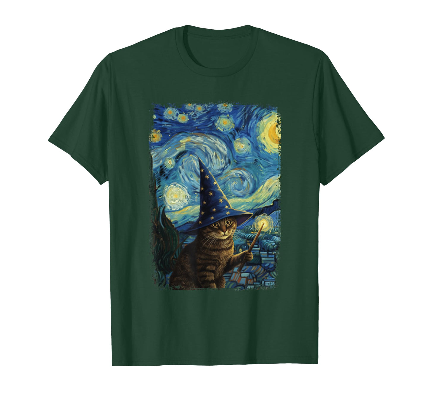 Van Gogh Starry Night Wizard Cat T-Shirt