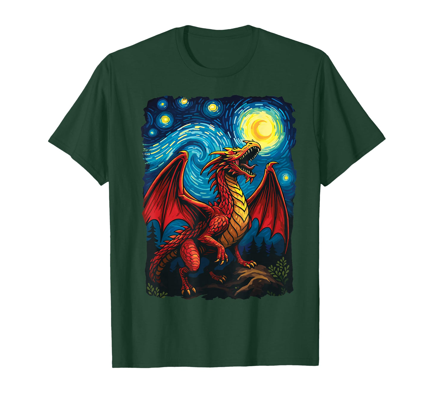 Starry Night Dragon Fantasy Art Van Gogh Mythical Dragon T-Shirt