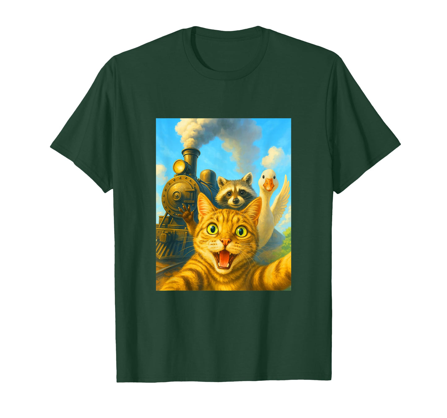 Funny Steam Engine Train Design Cat Selfie Raccoon Goose T-Shirt