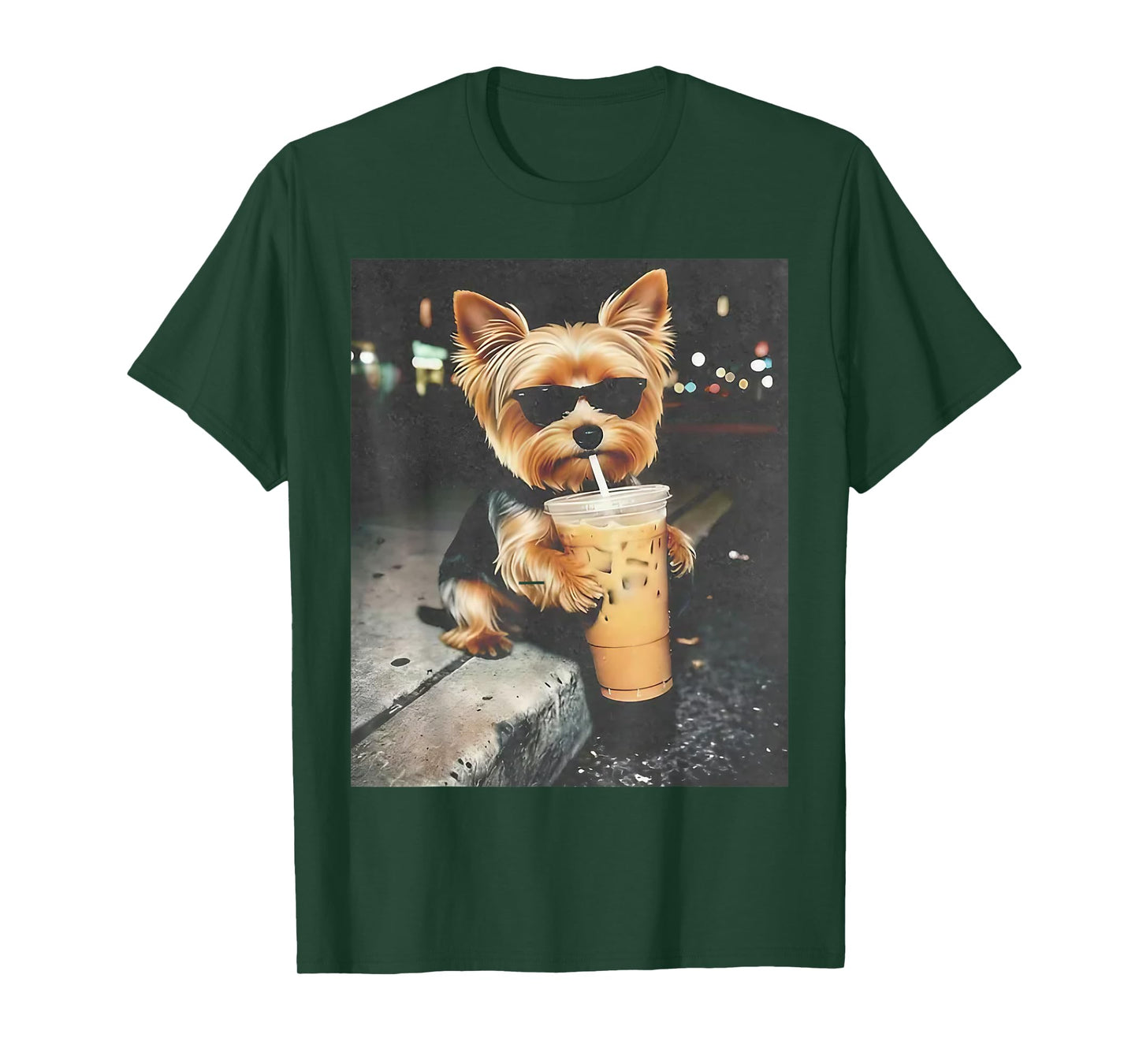 Funny Yorkie Drinking Iced Coffee Cute Dog Meme Humor T-Shirt