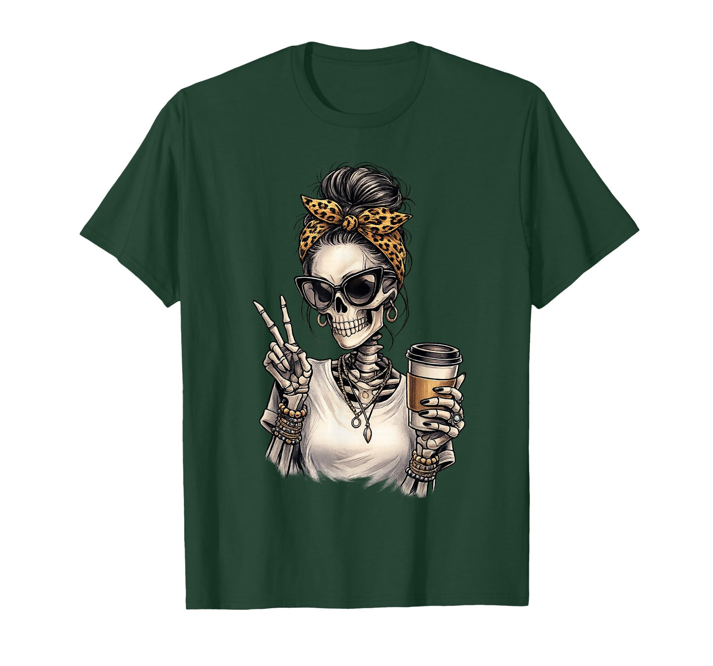 Skeleton Girl Drinking Coffee Peace Sign Graphic T-Shirt