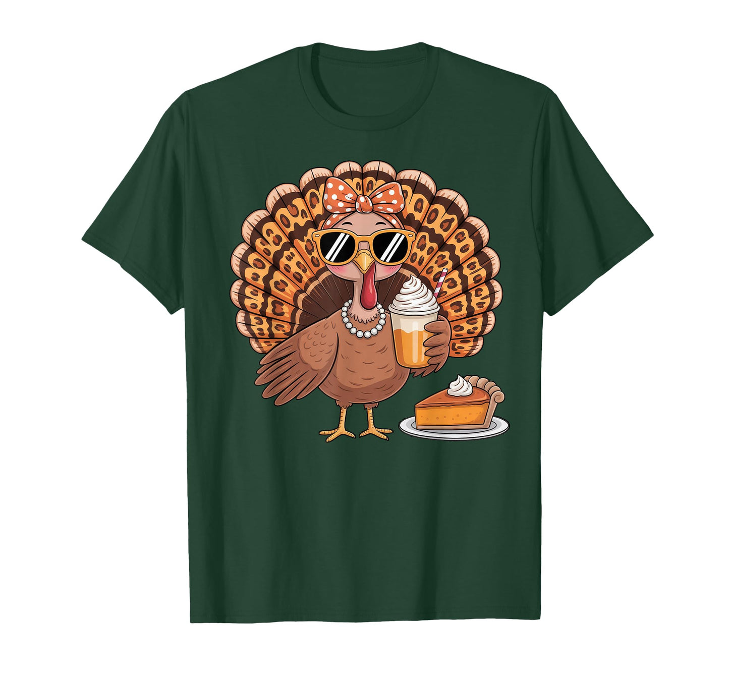 Turkey Drinking Coffee Bow Thanksgiving Leopard Women T-Shirt