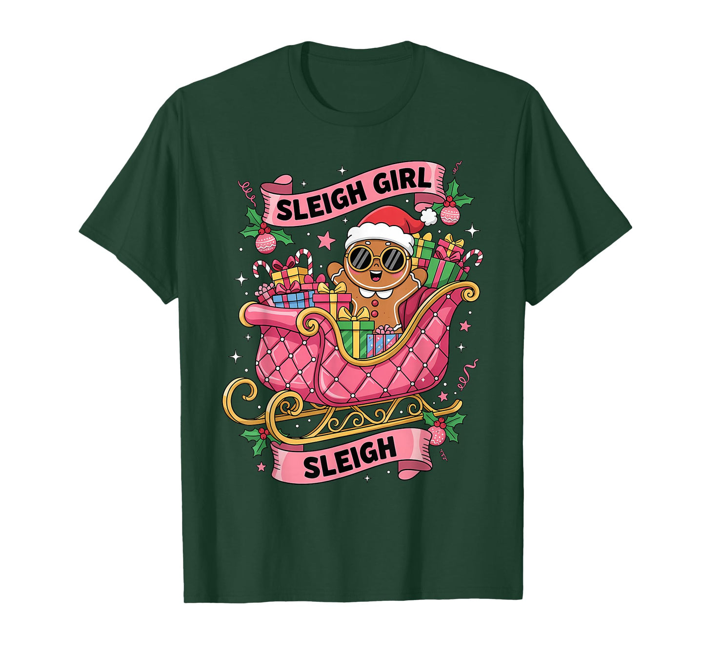 Gingerbread Sleigh Girl Pink Funny Christmas Women Girls T-Shirt