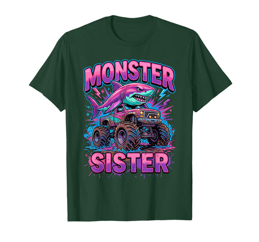 Monster Sister Shark Truck Funny Pink Sibling T-Shirt