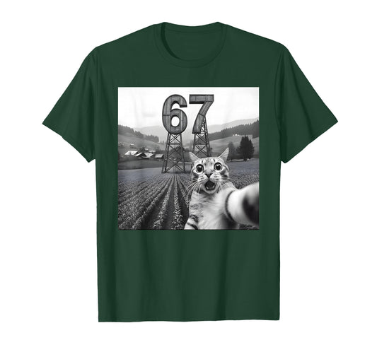 Cat Selfie with Tower 67 Funny Six Seven Cat T-Shirt