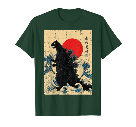 Japanese Catzilla Great Wave Sun Kanagawa Art Men Women Kids T-Shirt