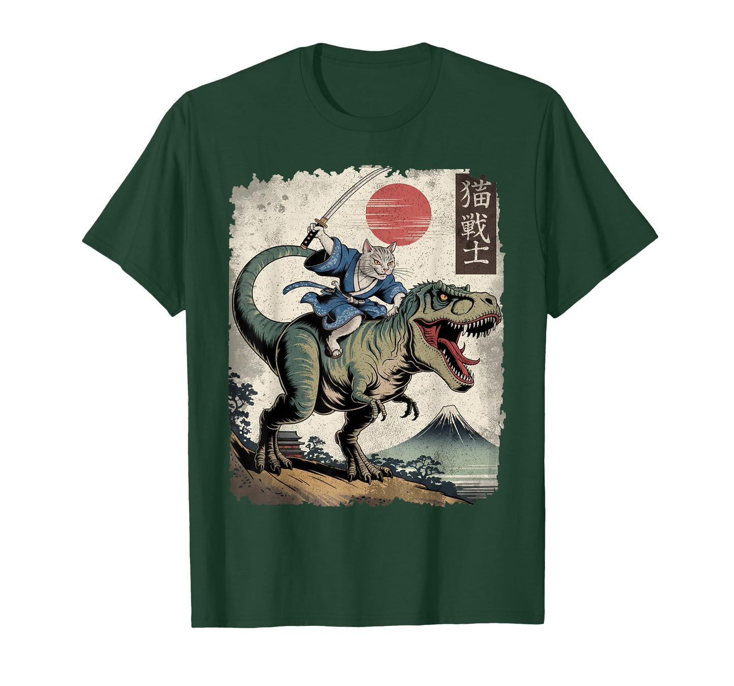 Funny Cat Riding T Rex Japanese Ukiyo-e Art Samurai Cat T-Shirt