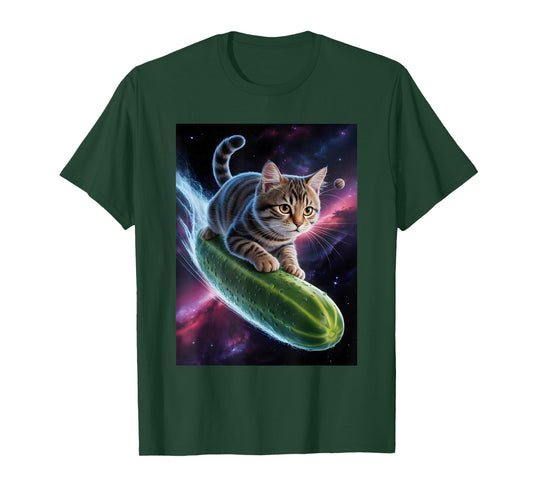 Cat Riding a Cucumber Pickle in Space Astronaut Kitten T-Shirt