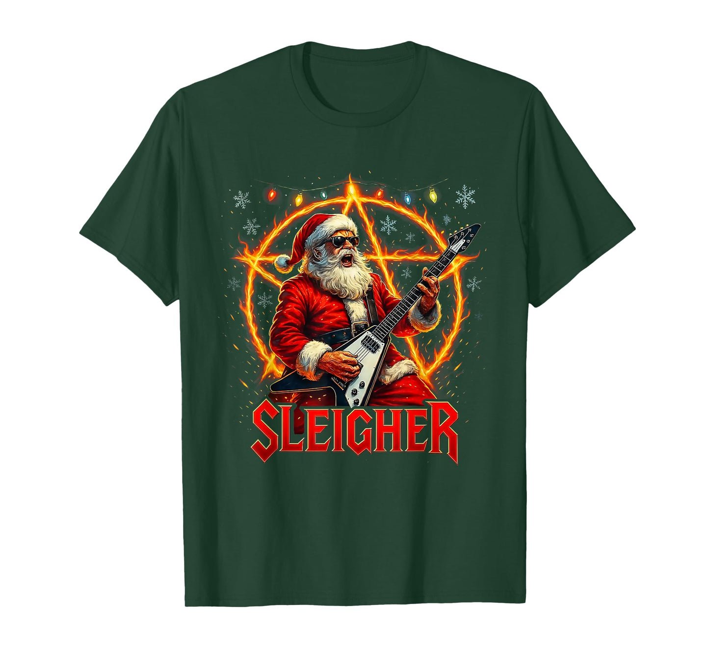 Sleigher Metal Santa Rocking Christmas Design T-Shirt