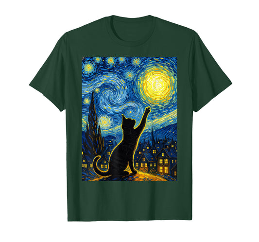 Black Cat Sky Starry Night Van Gogh Cat, Cat Mom, Cat Dad T-Shirt