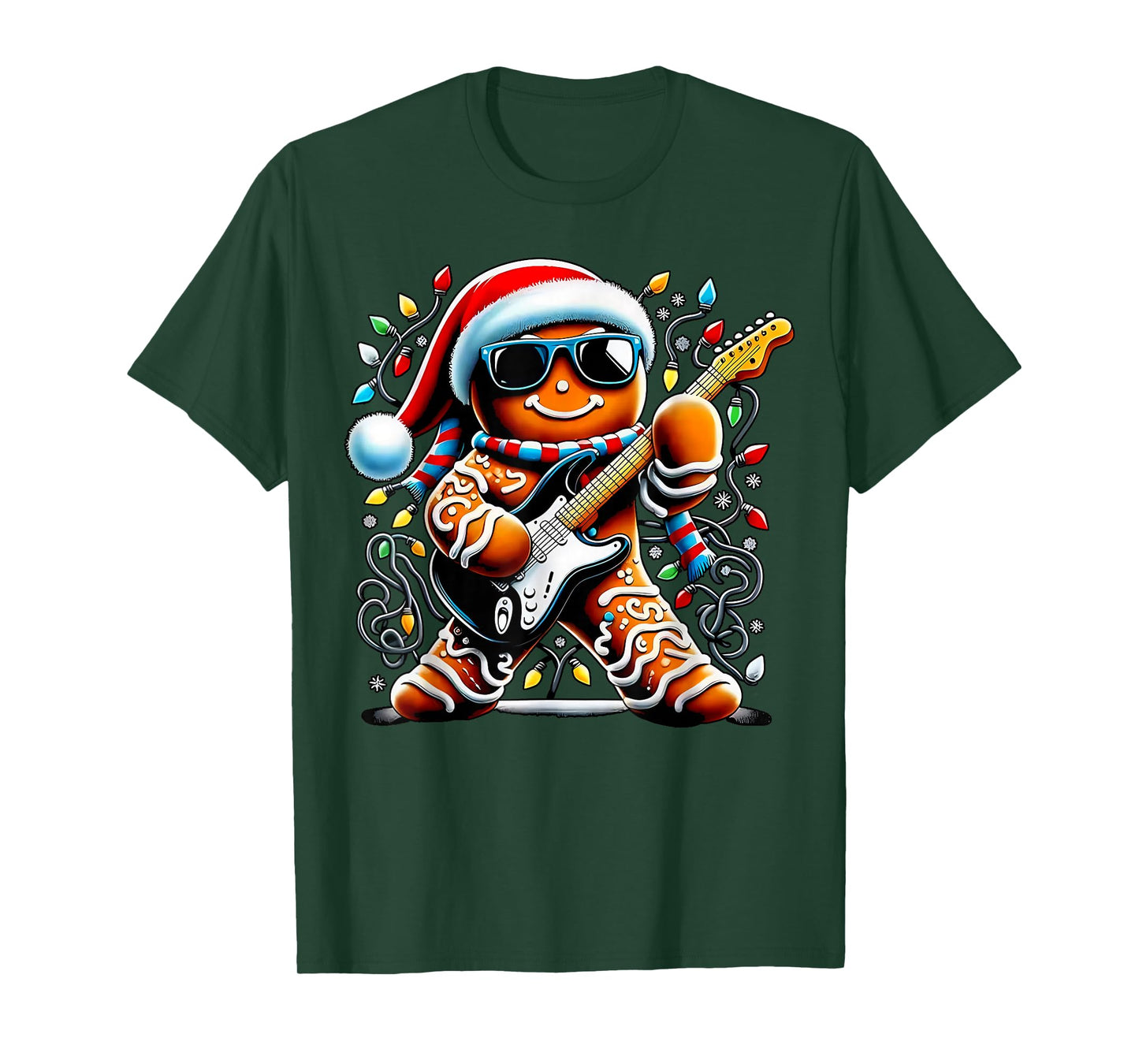 Rock Star Gingerbread Christmas Guitar Lights Men Women Kids T-Shirt