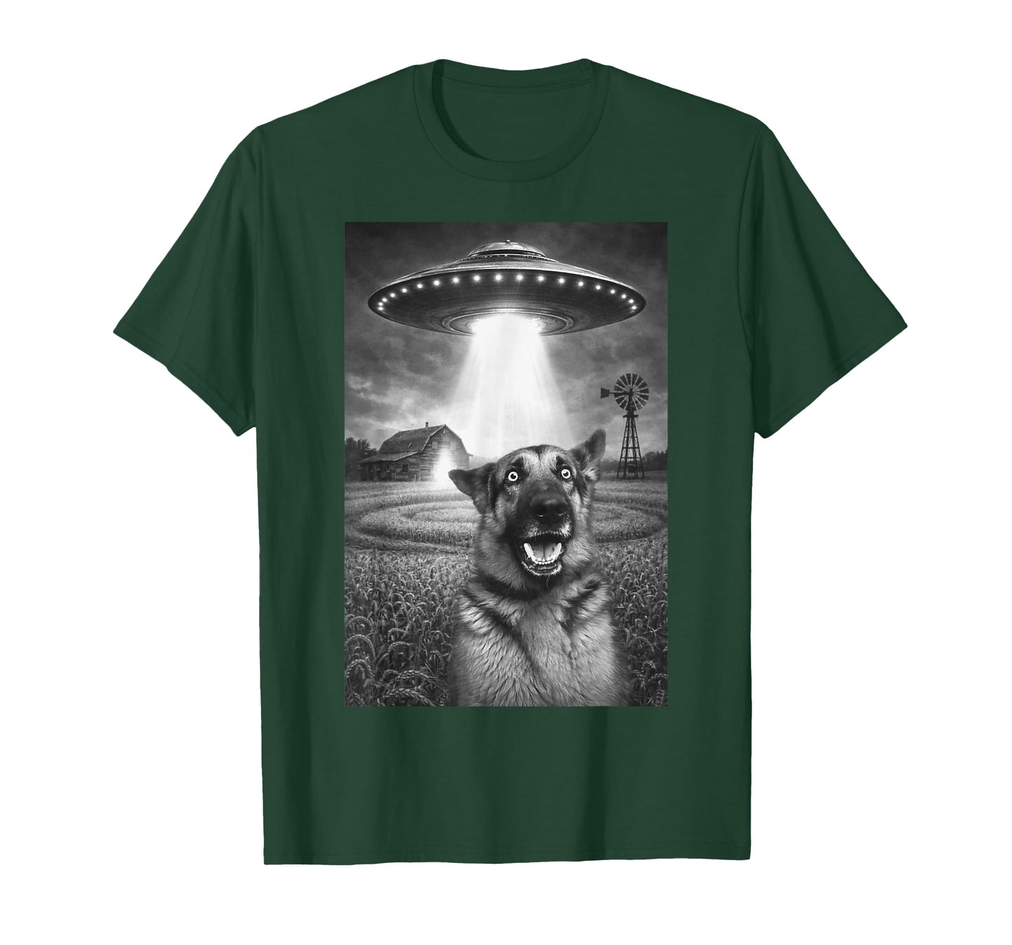 Funny German Shepherd Dog Shocked UFO Alien Abduction Farm T-Shirt
