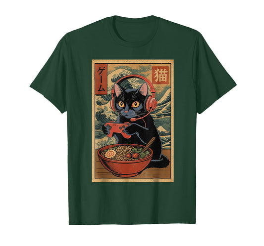 Cute Kawaii Gamer Cat Funny Ramen Retro Japanese Cat Gaming T-Shirt