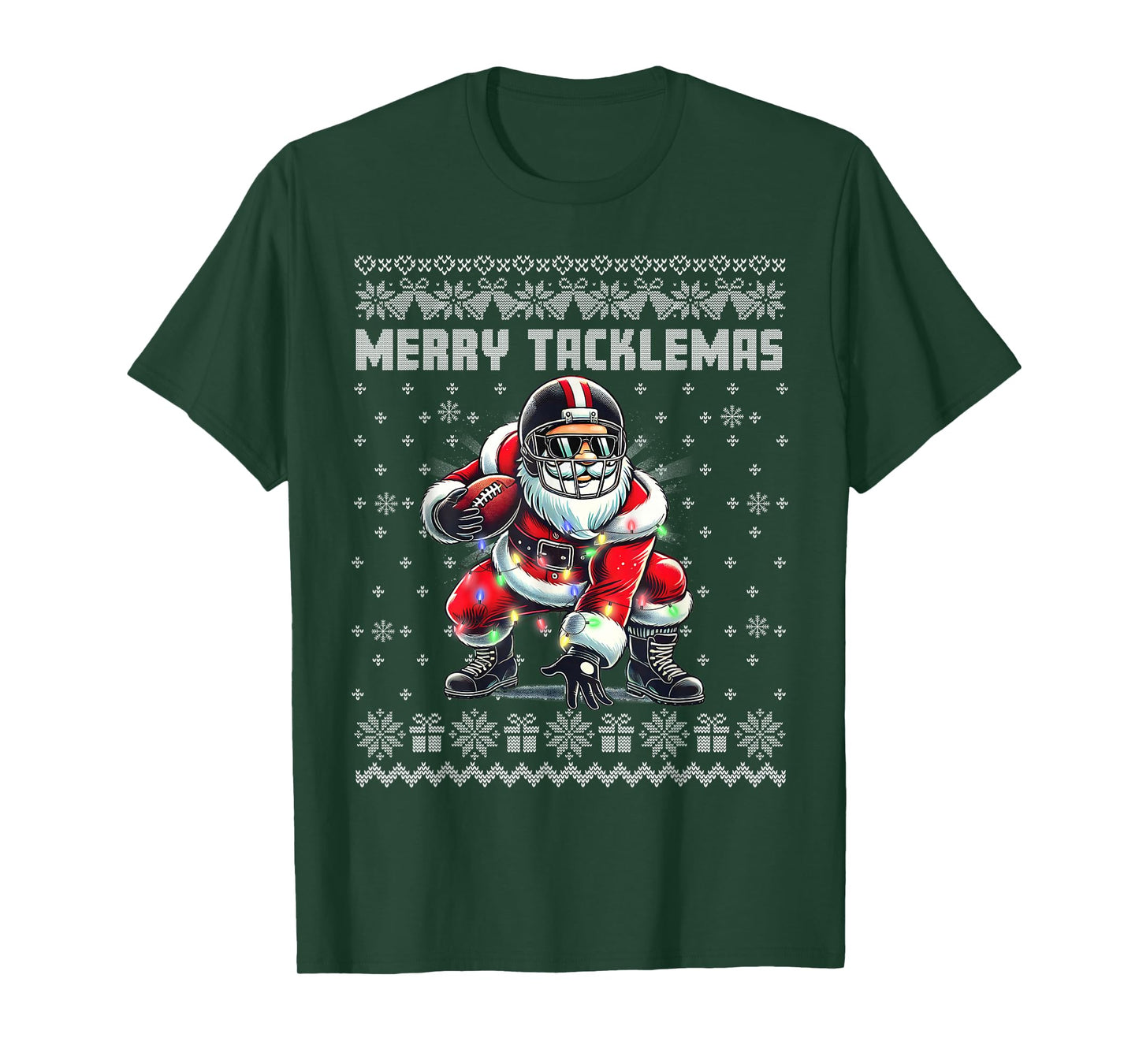 Merry Tacklemas Football Santa Linebacker Ugly Christmas T-Shirt