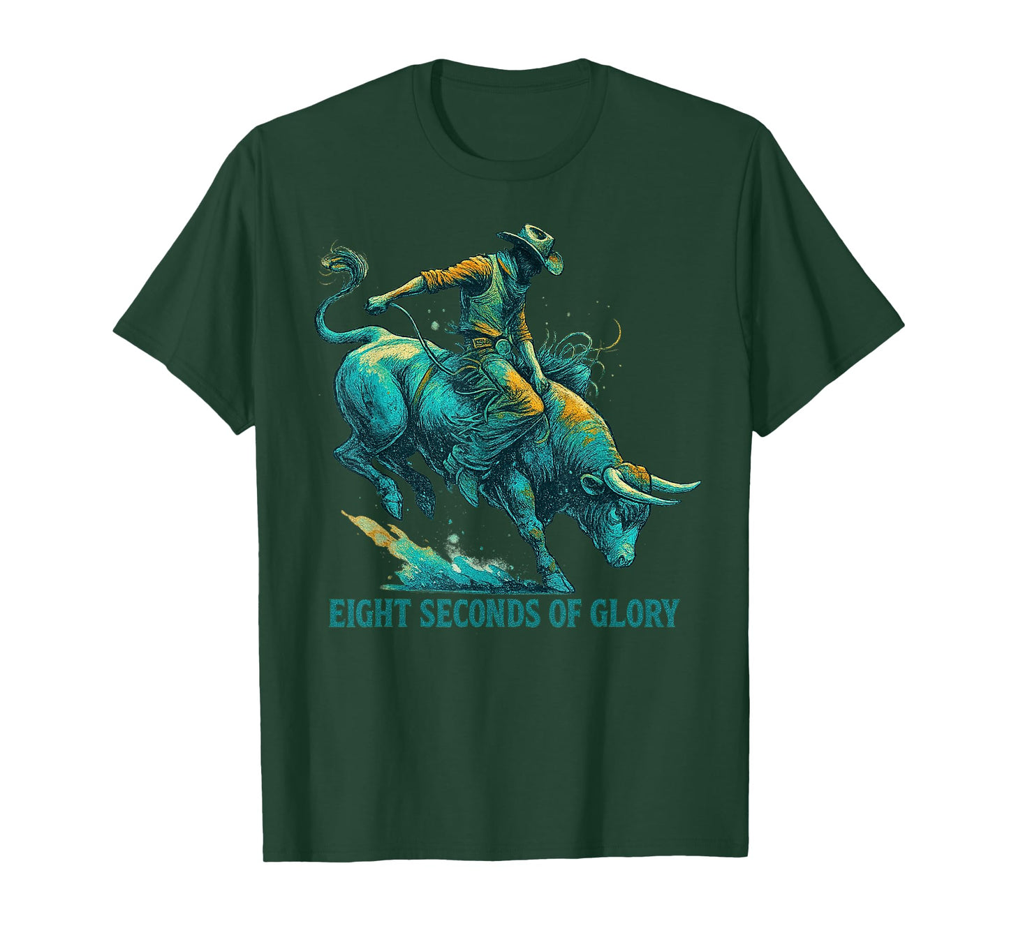 Eight Seconds of Glory Teal Bull Rider Western Art T-Shirt