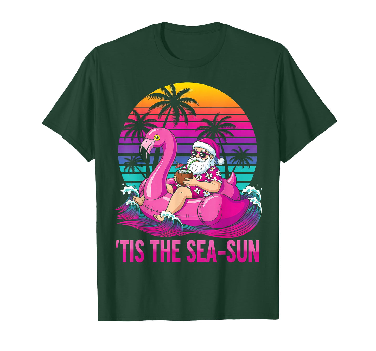 Tis The Sea-Sun Christmas in July Hawaii Santa Beach Retro T-Shirt