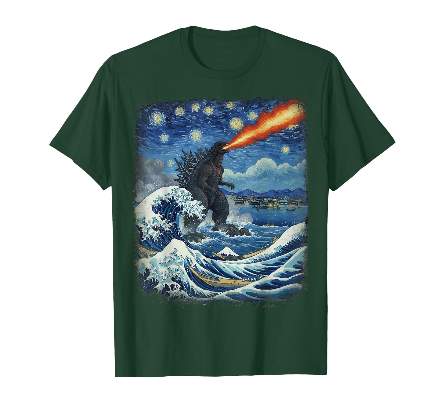 Kaiju Monster Japanese Vangogh starrynight Wave Vintage T-Shirt
