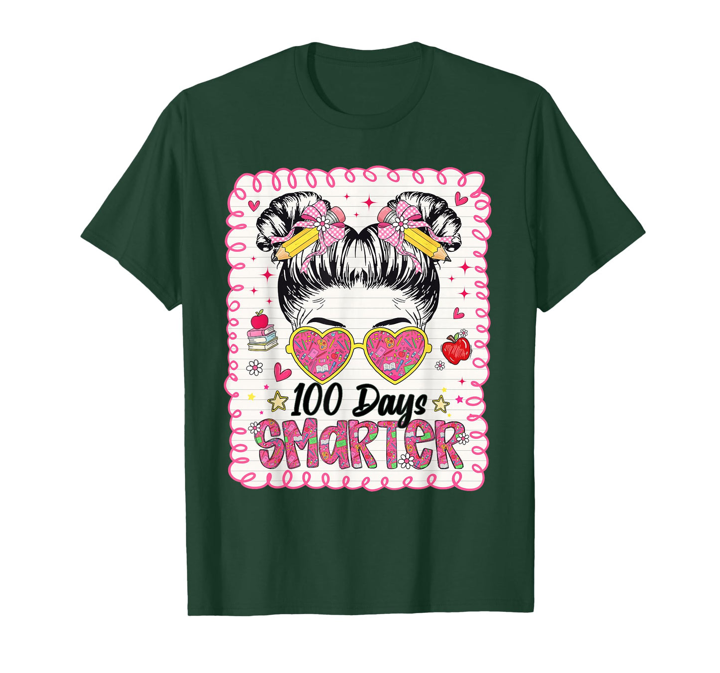 Preppy 100 Days Smarter 100th Day of School Messy Bun Girls T-Shirt