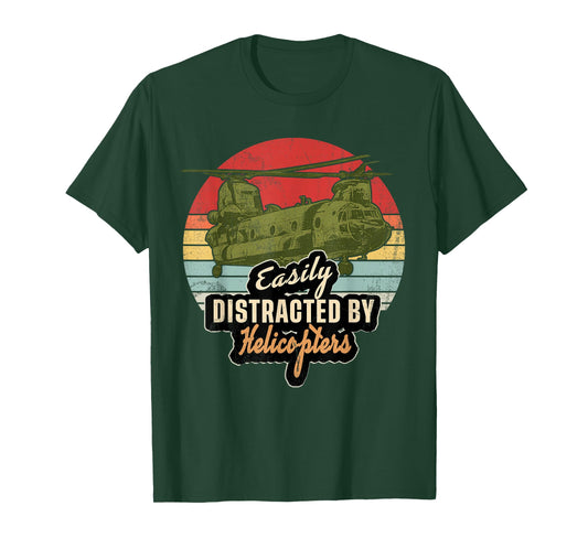 Funny Easily Distracted by Chinook Helicopter Retro Gift T-Shirt