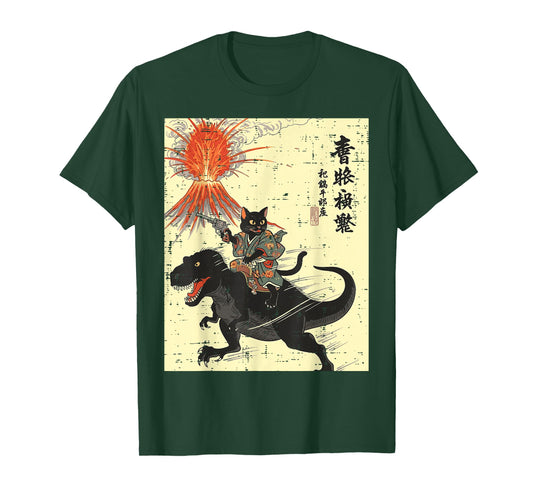 Japanese Black Cat On Trex Funny Ukiyo-e Boys Kids Toddler T-Shirt