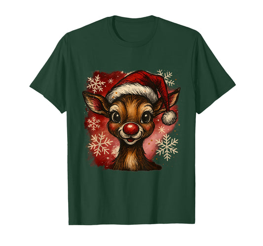 Cute Christmas Reindeer Santa Hat Festive Snowflakes T-Shirt