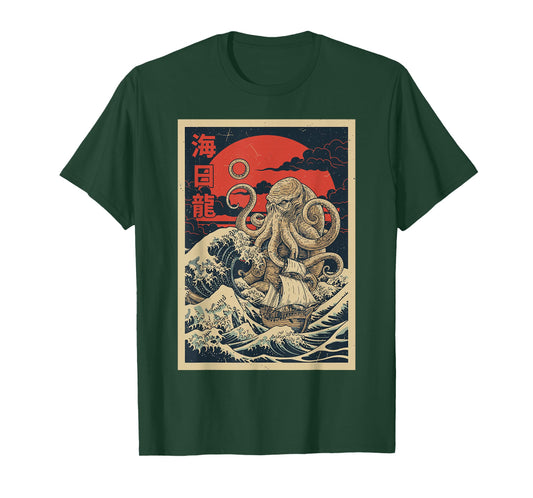 Sea Kraken Kraken Japanese Shirt Wave Vintage Graphic Men T-Shirt