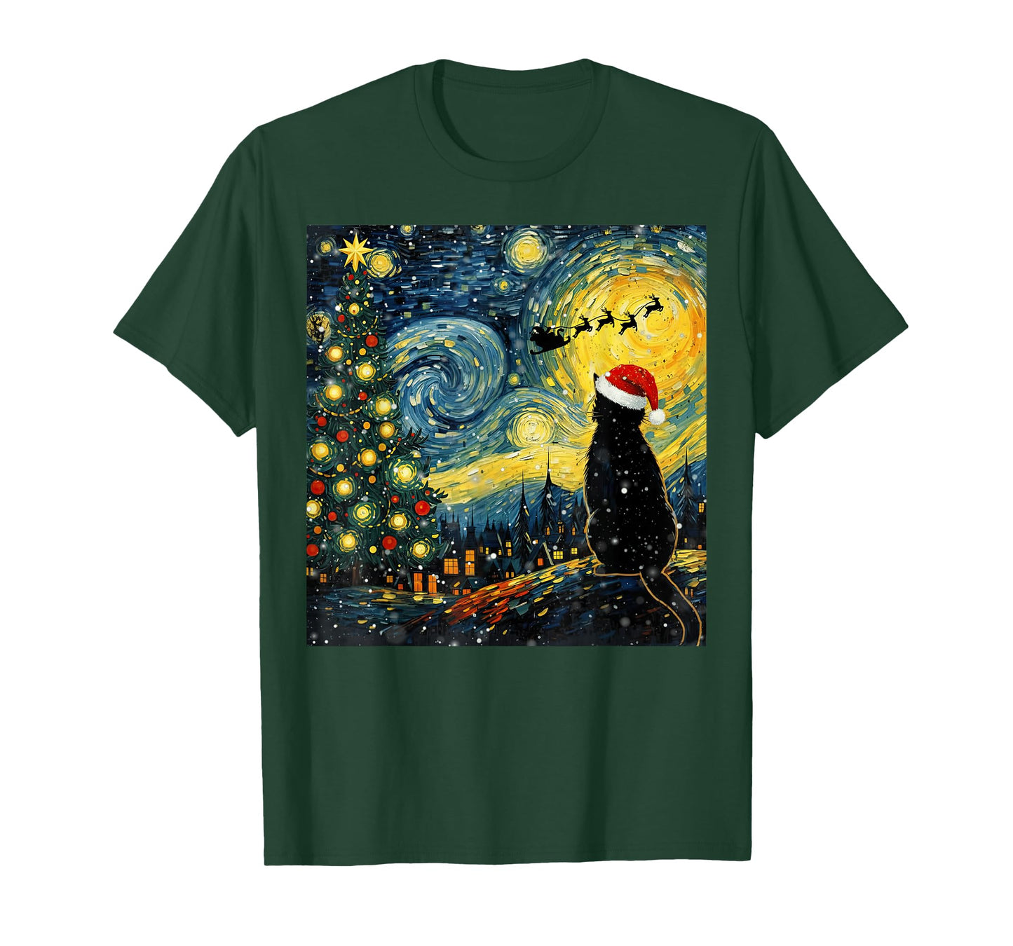 Santa Cat Starry Night Vintage Funny Christmas Vibes Art T-Shirt