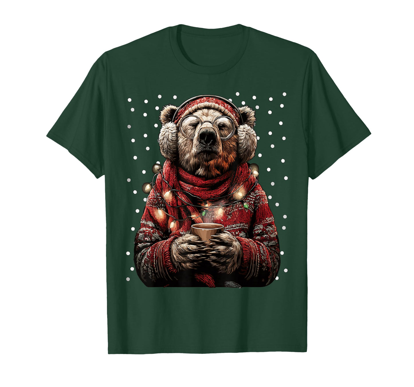 Festive Bear in Glasses Christmas Lights Funny Coffee Winter T-Shirt