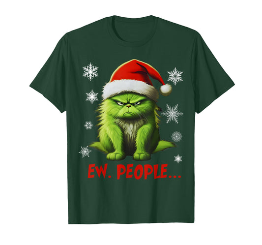 Funny Christmas Cat Ew People Meowy Cat Lovers Santa Hat Y2K T-Shirt