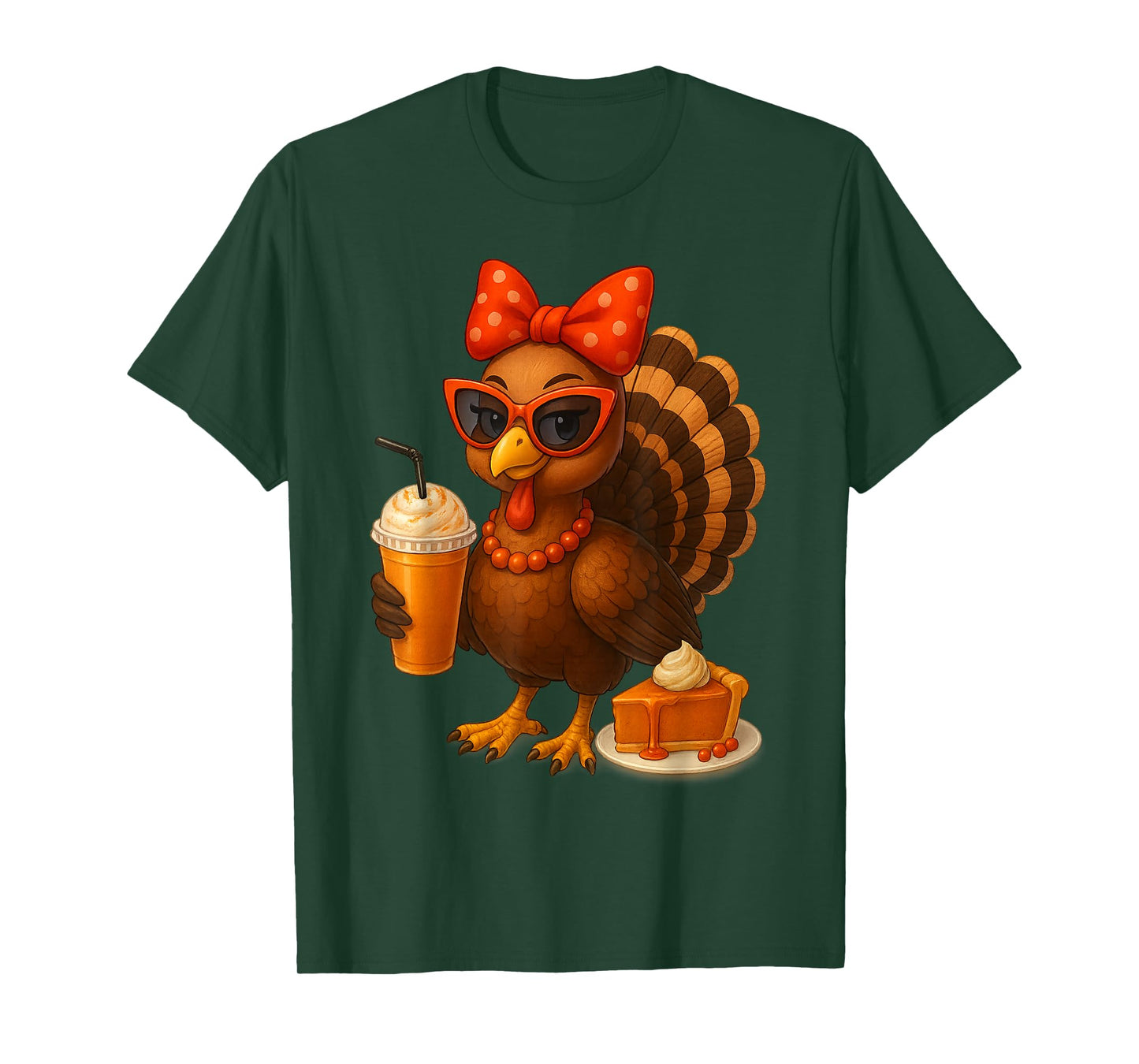 Turkey Drinking Coffee Thanksgiving Bow Womens Turkey Day T-Shirt