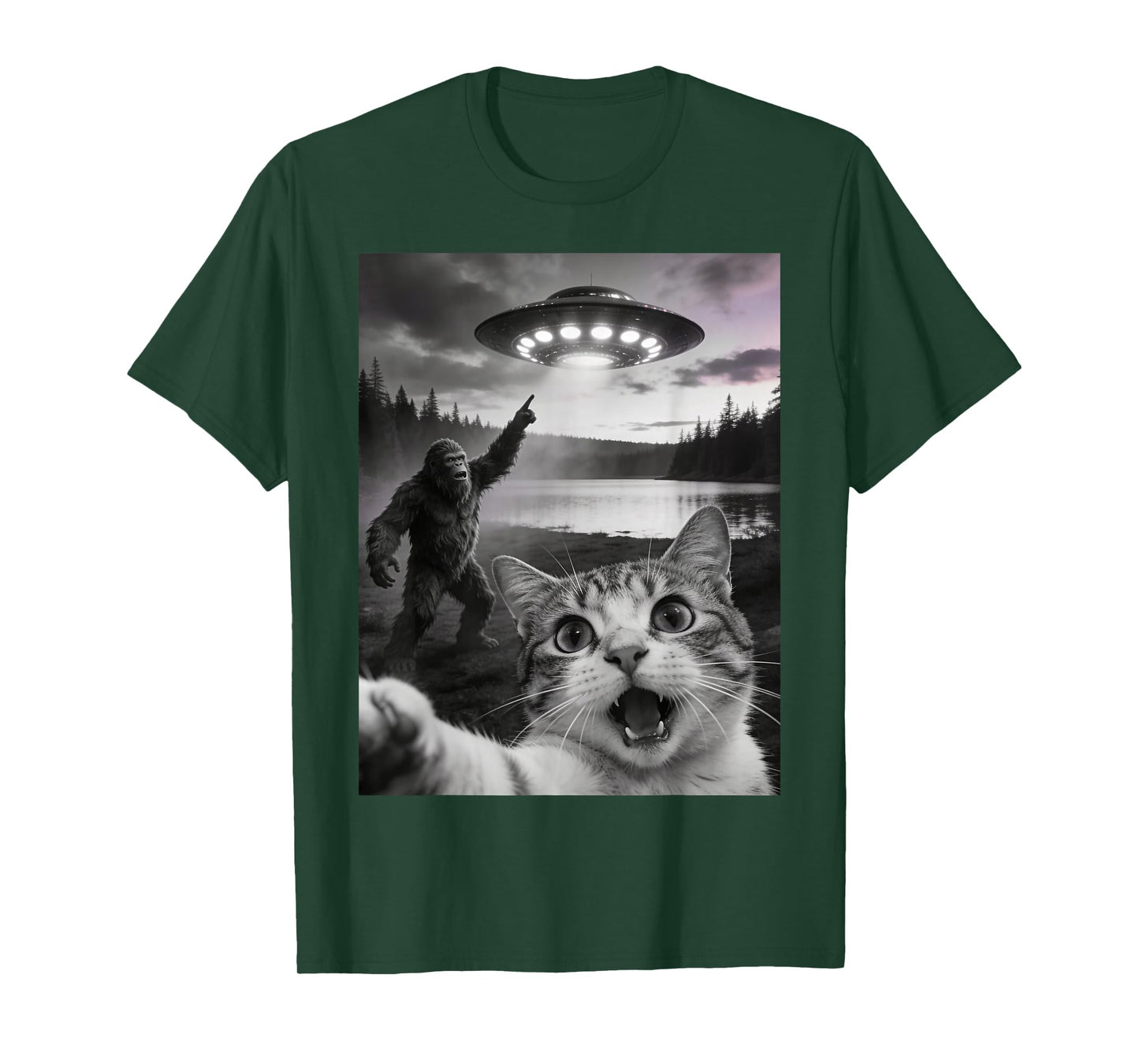 Cat Selfie Alien UFO Bigfoot Funny Cat T-Shirt