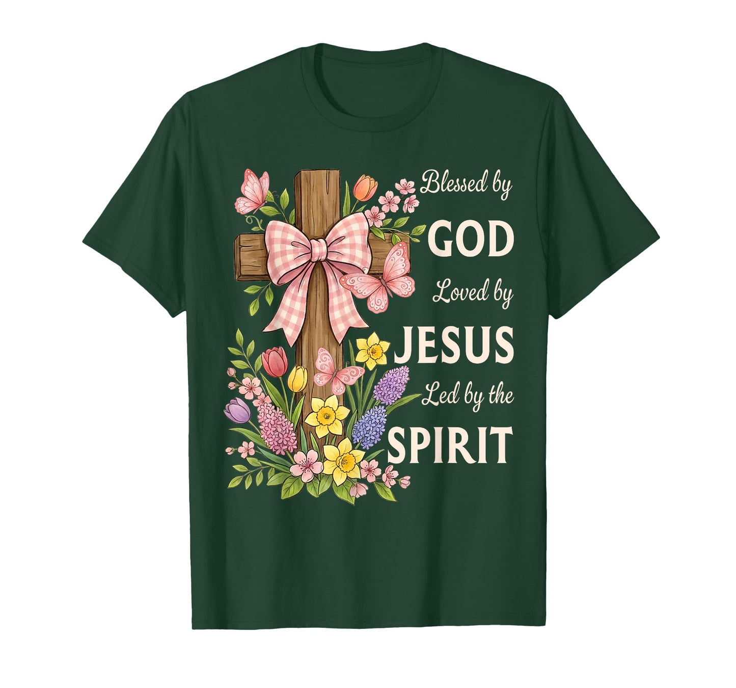 Blessed by God Loved by Jesus Beautiful Spring Floral Cross T-Shirt