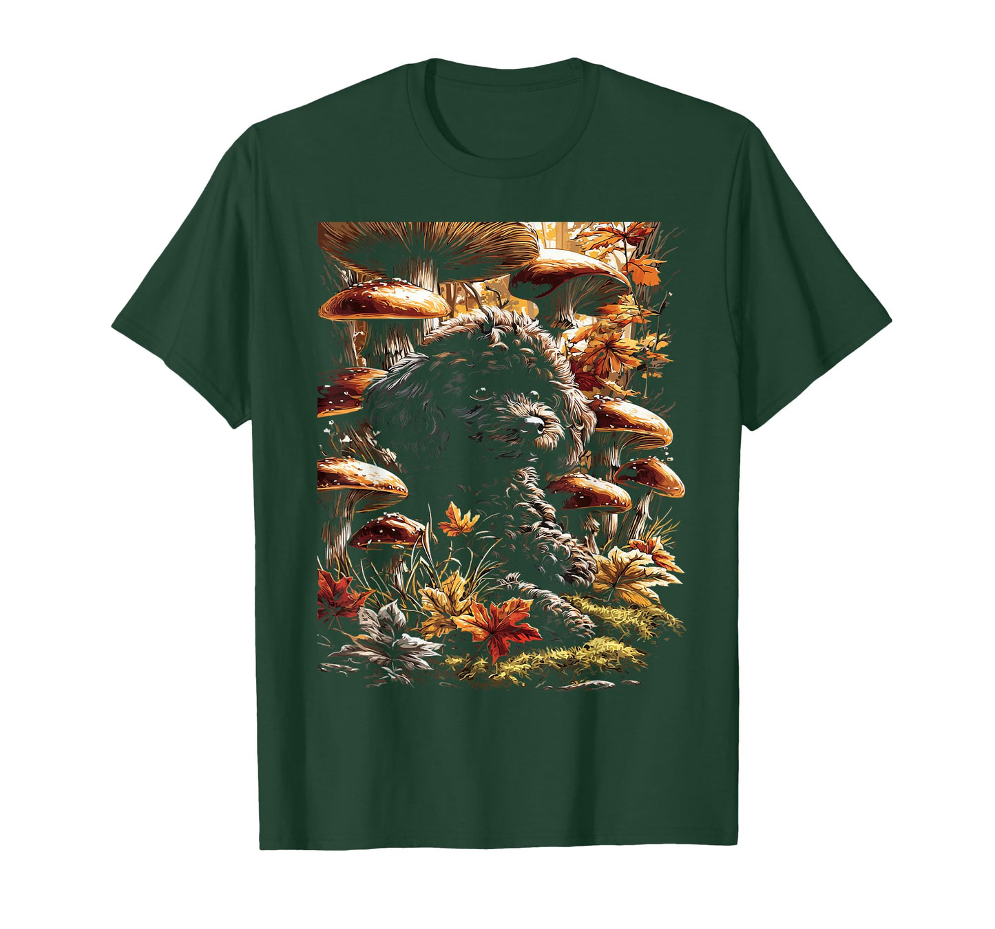 Black Poodle Dog with Fall Leaves Mushrooms Autumn Aesthetic T-Shirt